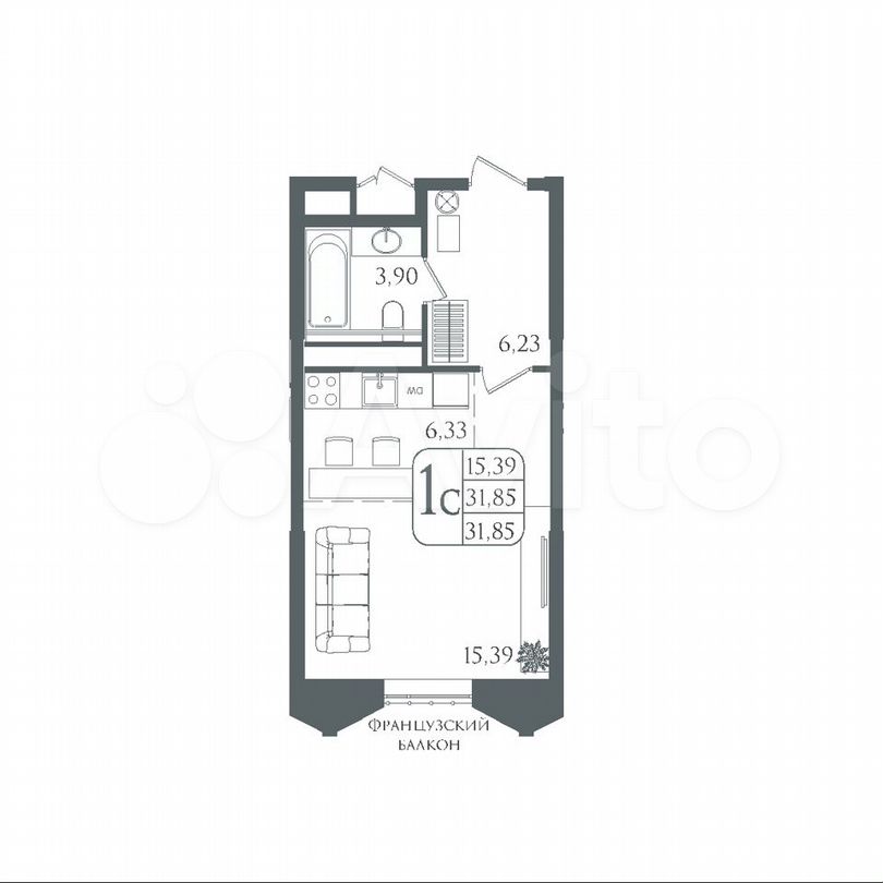 Своб. планировка, 31,9 м², 5/22 эт.