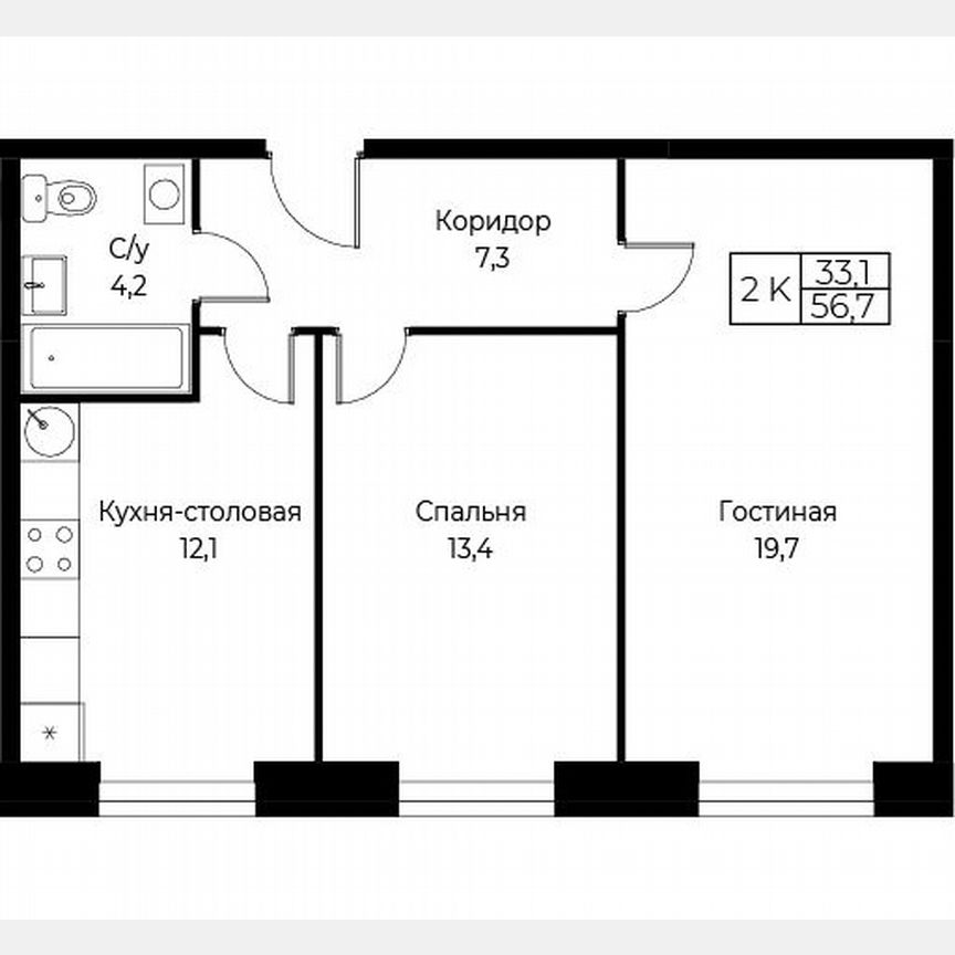 2-к. апартаменты, 56,7 м², 21/30 эт.