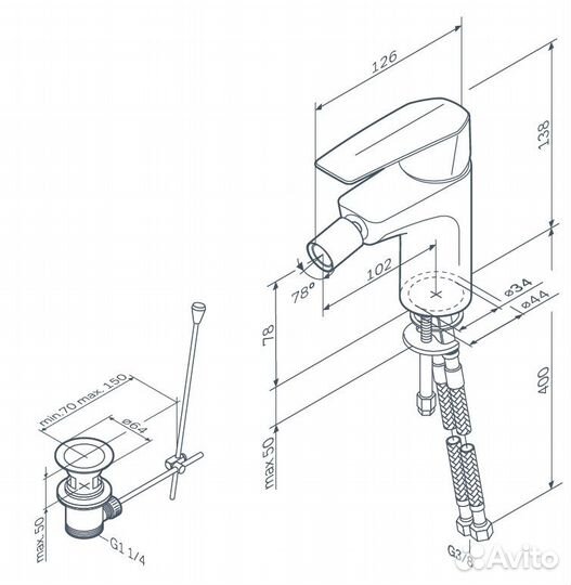Смеситель для биде AM.PM Gem F90A83100 с донным кл