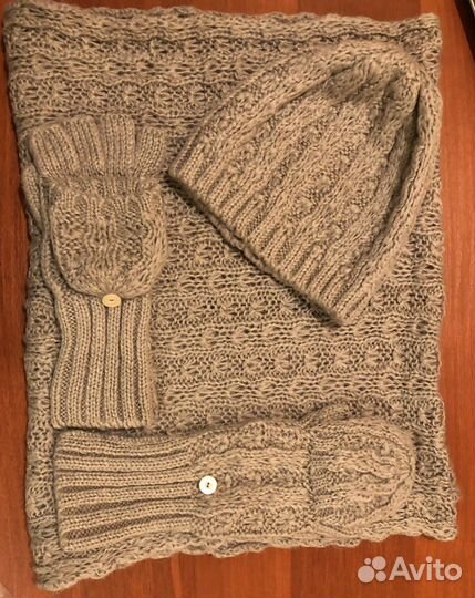 Шапка снуд варежки - серый, шапка, шарф - черный