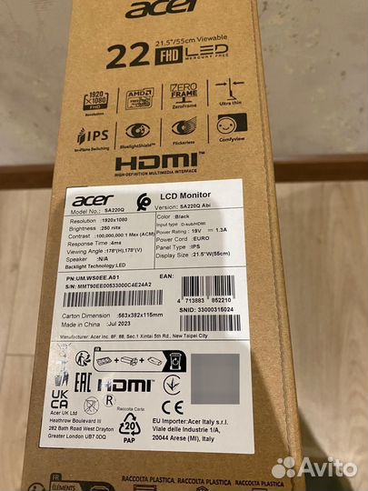 Монитор Acer 22 дюйма 75 гц IPS