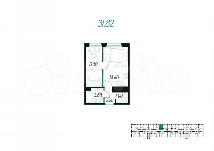 1-к. квартира, 31,8 м², 4/10 эт.