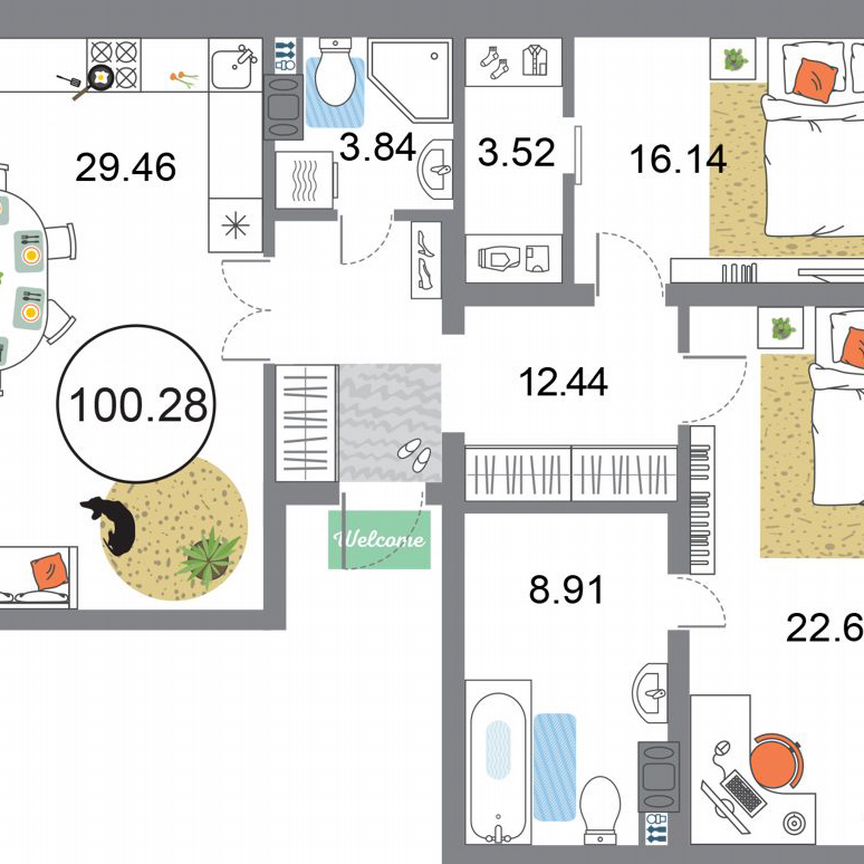 2-к. квартира, 100,3 м², 7/12 эт.