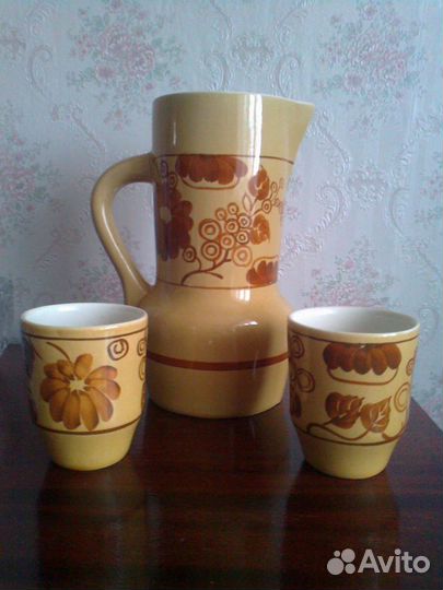 Кувшин и Кружки, Глиняные, Узорная Роспись, СССР