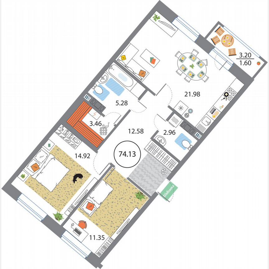 2-к. квартира, 74,1 м², 6/12 эт.