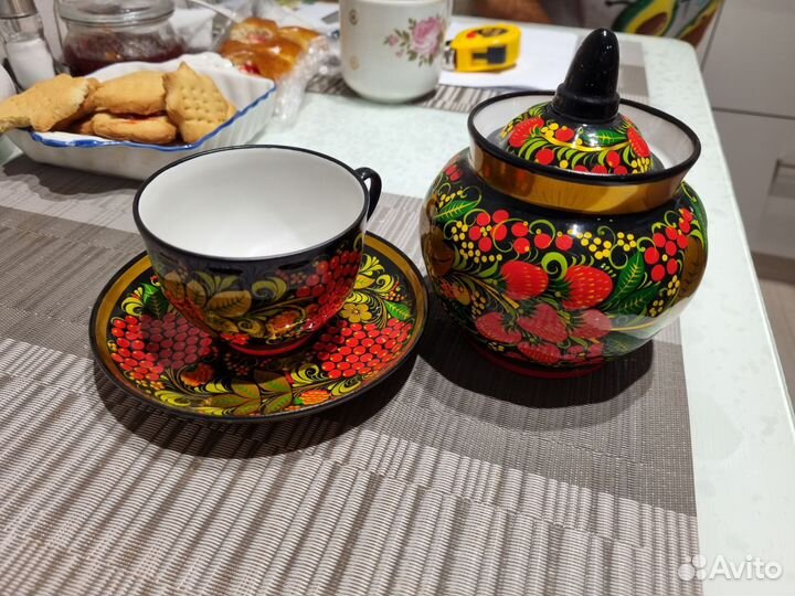 Чашка с блюдцем и сахарница ручная работа