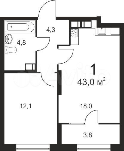 1-к. квартира, 42,9 м², 24/25 эт.