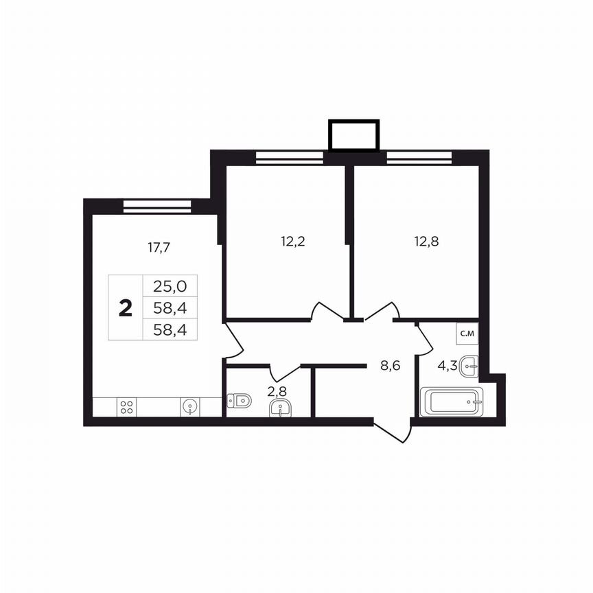 2-к. квартира, 58,3 м², 1/9 эт.