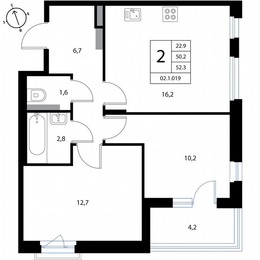 2-к. квартира, 52,3 м², 3/3 эт.