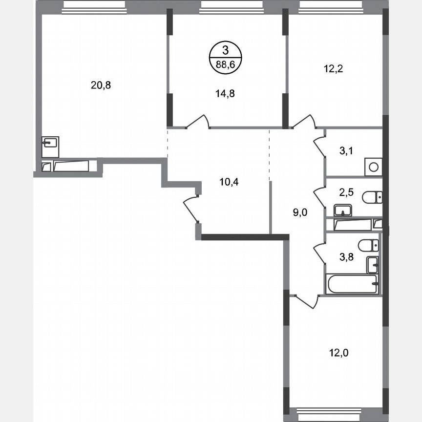 3-к. квартира, 88,6 м², 6/17 эт.