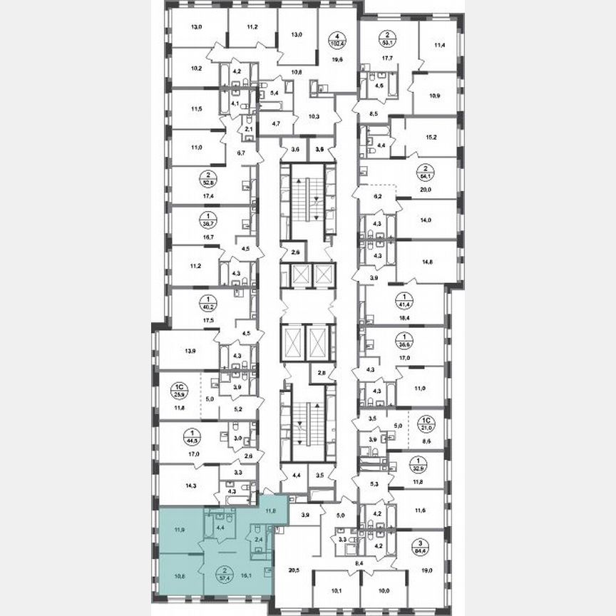 2-к. квартира, 57,4 м², 3/20 эт.