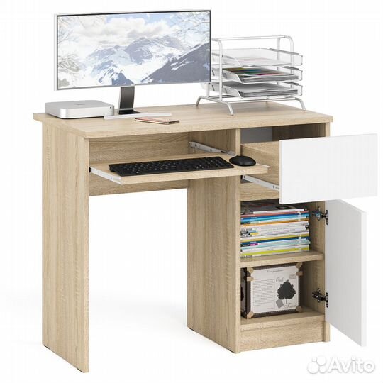 Стол компьютерный Мори мс-1 правый, цвет дуб сонома/белый, шхгхв 90х50х76,6 см., выдвижной ящик спра