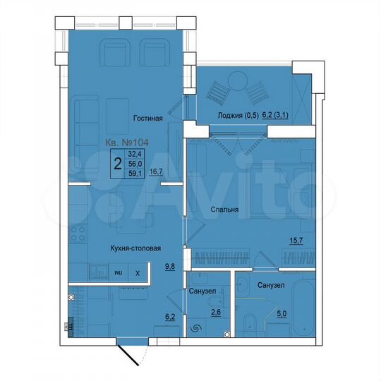 2-к. квартира, 59,3 м², 5/10 эт.
