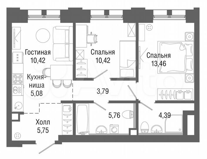 2-к. квартира, 58,7 м², 26/43 эт.