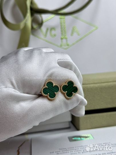 Серьги Van Cleef Alhambra малахит, желтое золото