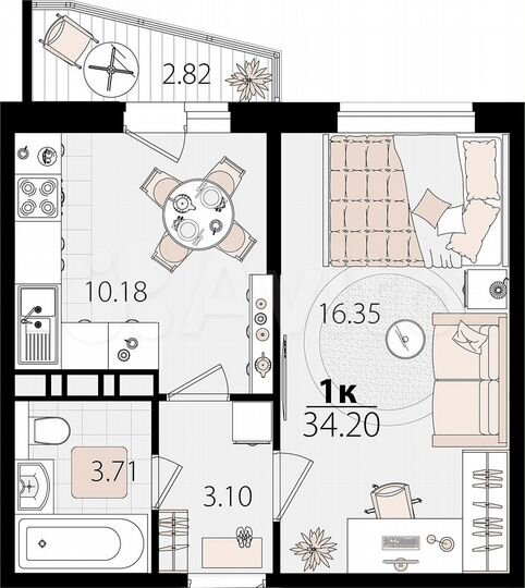1-к. квартира, 34,2 м², 3/12 эт.