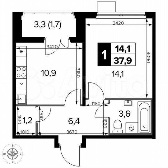 1-к. квартира, 37,8 м², 14/14 эт.