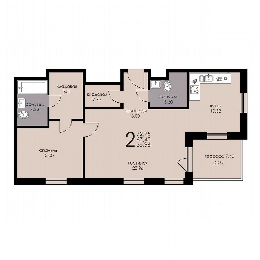 1-к. апартаменты, 67,4 м², 6/6 эт.