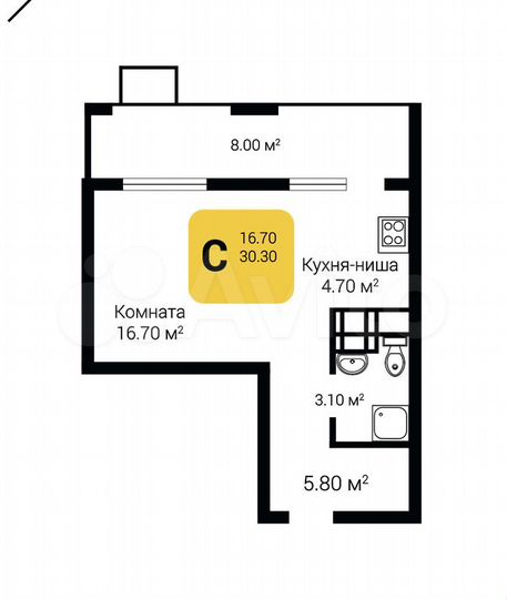 Квартира-студия, 34,3 м², 3/15 эт.
