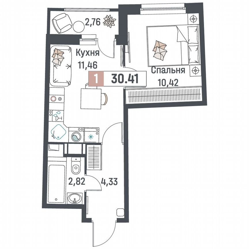 1-к. квартира, 30,4 м², 11/18 эт.