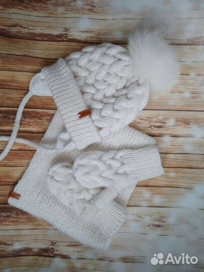 Комплект для девочки шапка, снуд, варежки 1-2 года