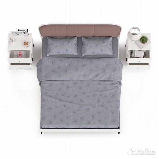 Кровать с мягкой спинкой 1600 Валенсия с ортопедическим основанием и двумя тумбами, цвет белый шагре