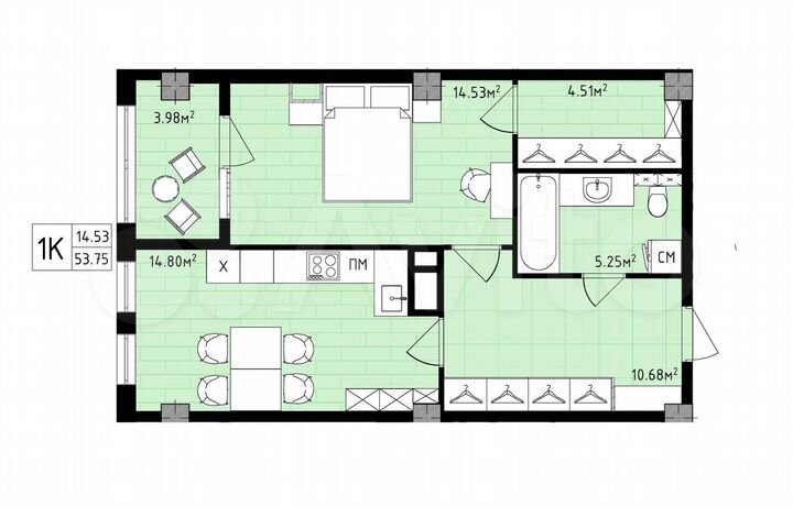 1-к. квартира, 53,8 м², 9/16 эт.