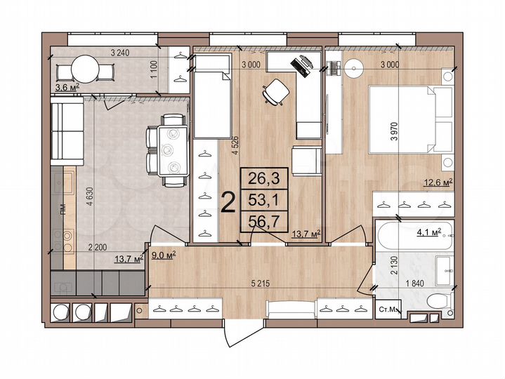 2-к. квартира, 56,7 м², 13/16 эт.