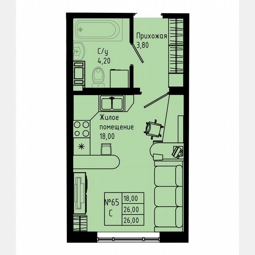 Квартира-студия, 26 м², 1/8 эт.