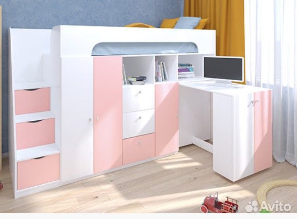 Кровать Чердак Со Столом и шкафом Белый/Салатовый