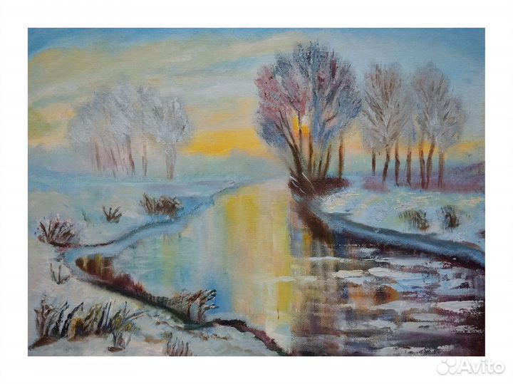 Картина маслом зимний пейзаж с рекой