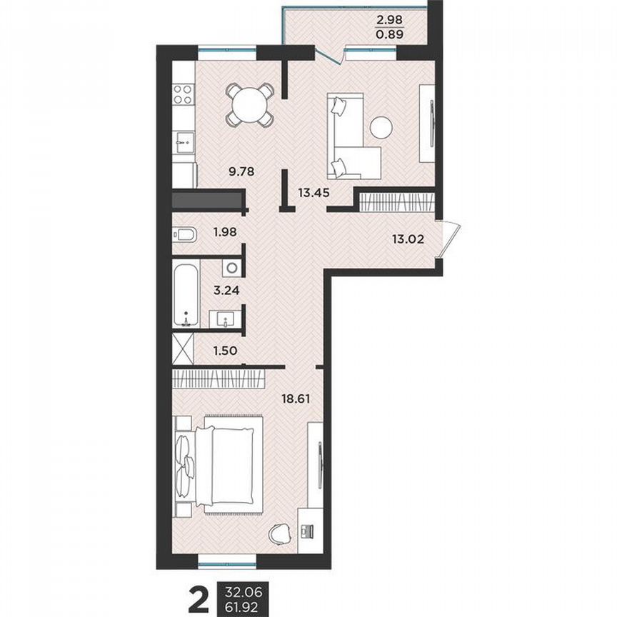 2-к. квартира, 61,9 м², 1/3 эт.