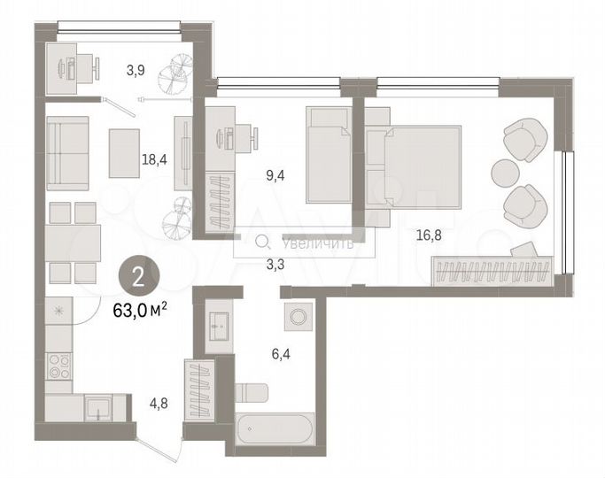 2-к. квартира, 63 м², 4/8 эт.