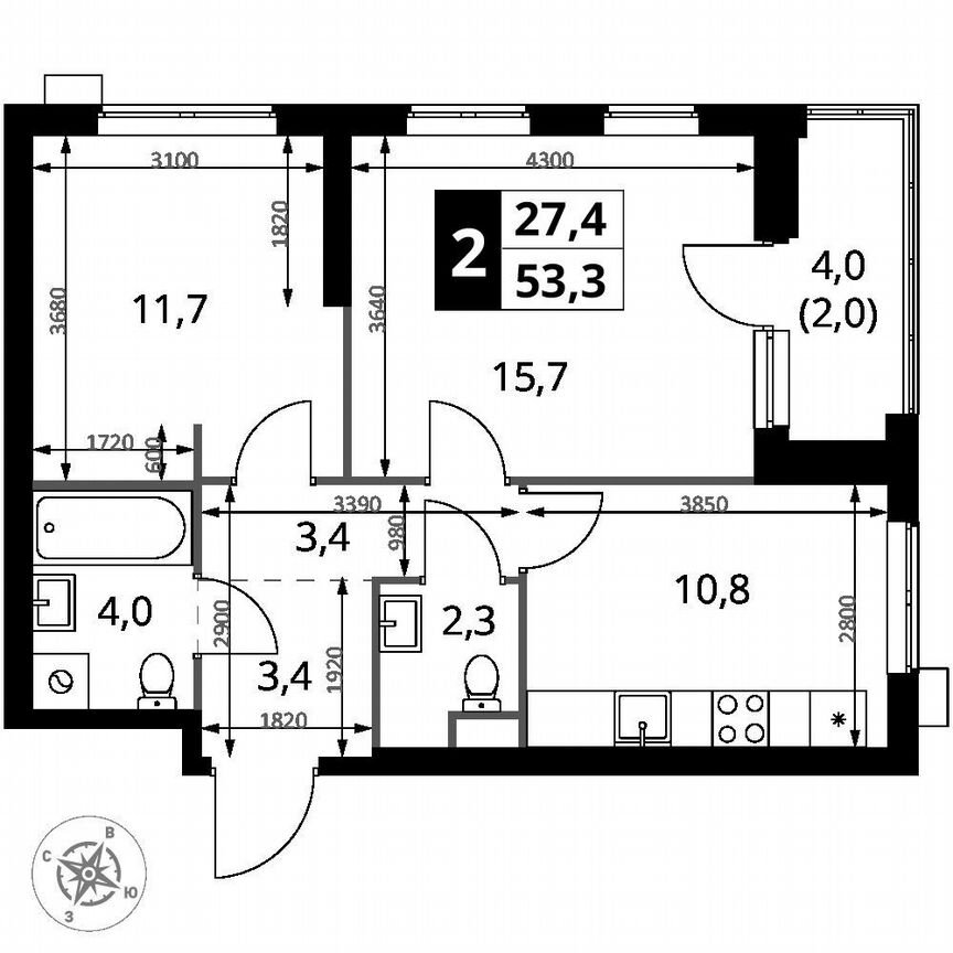 2-к. квартира, 53,3 м², 2/25 эт.