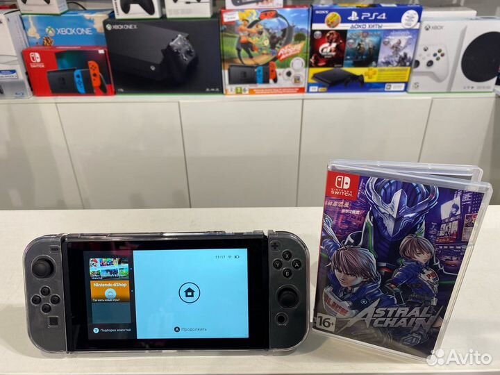 Nintendo Switch + прозрачный чехол + Astral Chain
