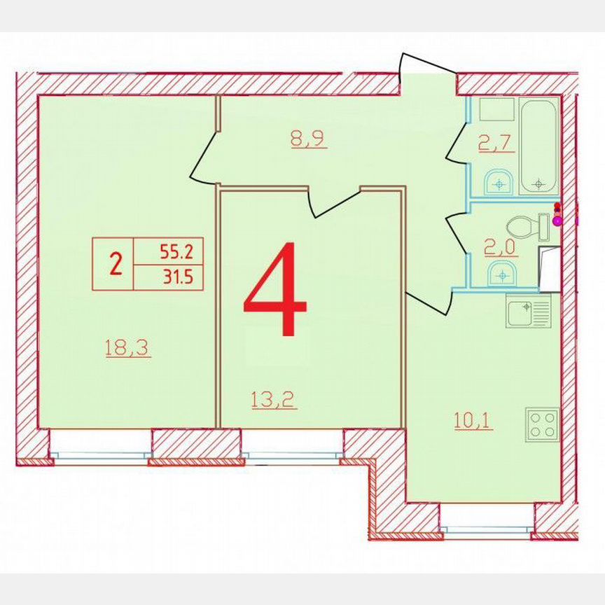 2-к. квартира, 55,2 м², 1/9 эт.