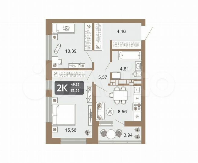2-к. квартира, 53 м², 10/22 эт.