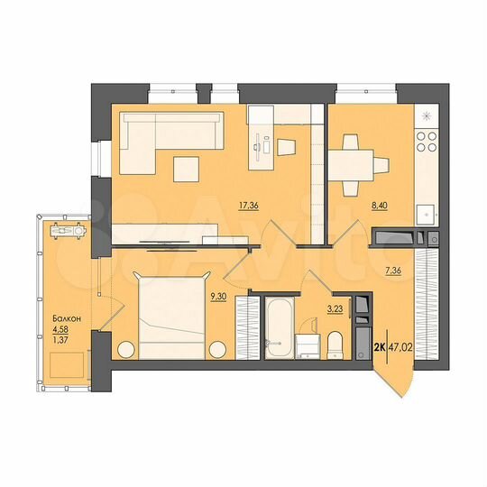 2-к. квартира, 47 м², 15/25 эт.