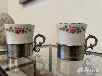 Антикварная пара демитас. Олово/фарфор