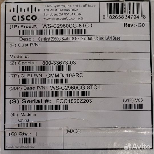 Новый коммутатор Cisco WS-C2960CG-8TC-L