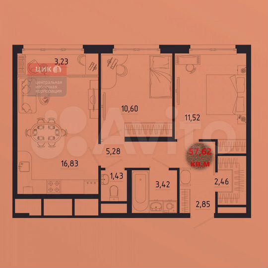2-к. квартира, 57,6 м², 17/18 эт.
