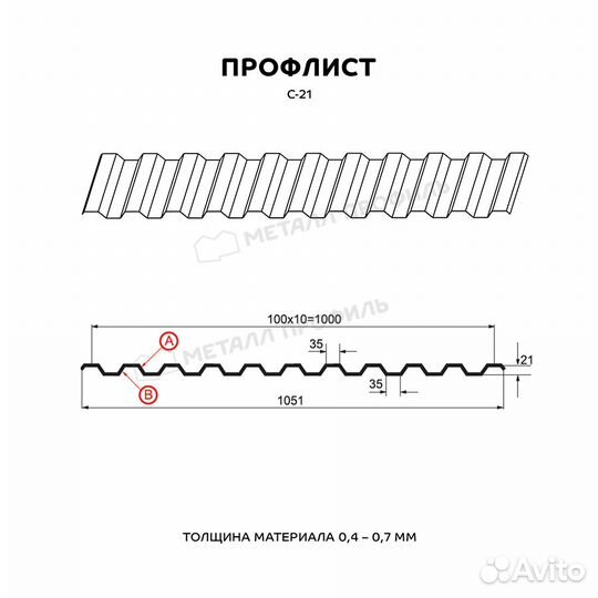 Профнастил (м2) С-21 Полиэстер 0,45 мм, Цвет Ral 9003, Покрытие Полиэстер, Толщина металла 0,45 мм