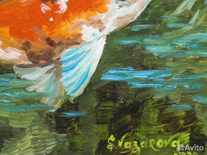 Картина маслом на картоне 15*15 см рыбка кои