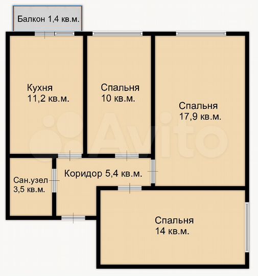 3-к. квартира, 62 м², 2/4 эт.
