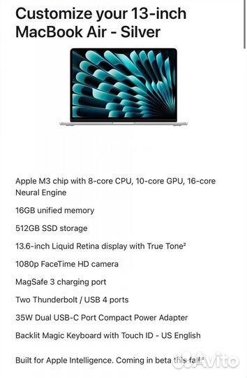 Macbook Air 13 M3 16gb 512gb Silver новый USA