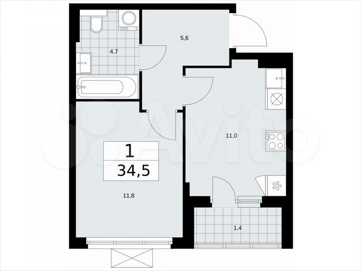 1-к. квартира, 34,5 м², 15/19 эт.