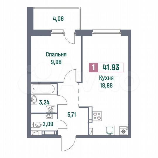 1-к. квартира, 41,9 м², 3/16 эт.