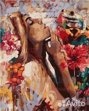 Картина по номерам 40x50 Девушка, лягушка и цветы