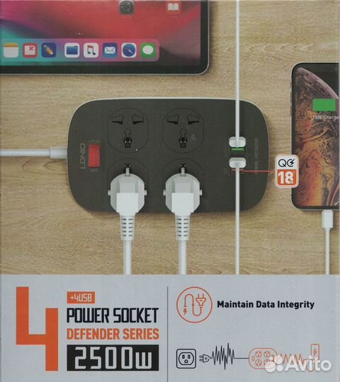 Удлинитель сетевой фильтр с 4 розетками и 4 USB