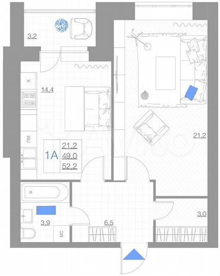 1-к. квартира, 52,2 м², 3/5 эт.